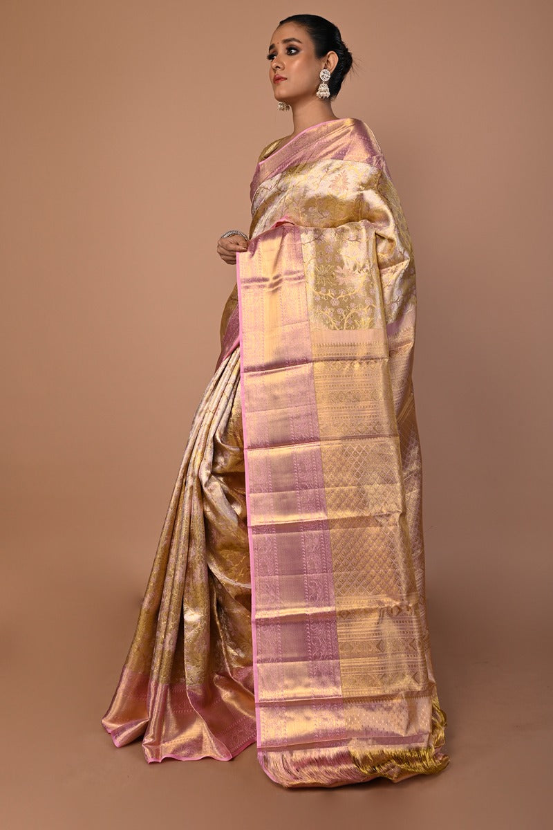 Kanchipuram Silk Tissue Brocade Gold Saree