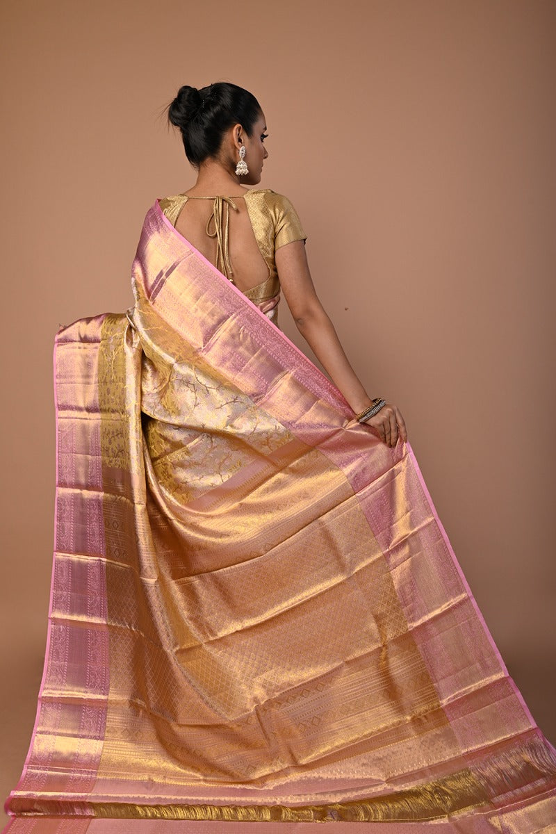 Kanchipuram Silk Tissue Brocade Gold Saree