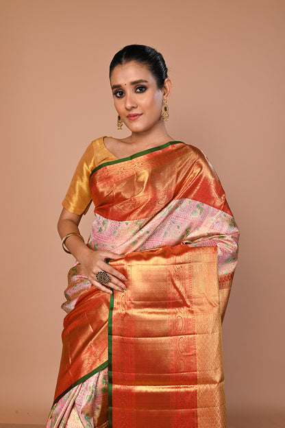 Kanchipuram Silk Tissue Brocade Baby Pink Saree