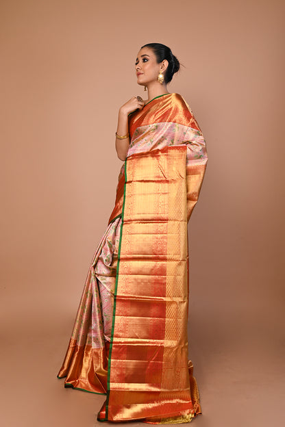 Kanchipuram Silk Tissue Brocade Baby Pink Saree