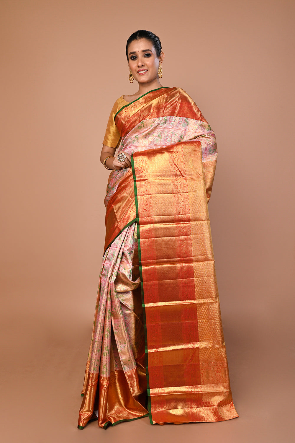 Kanchipuram Silk Tissue Brocade Baby Pink Saree