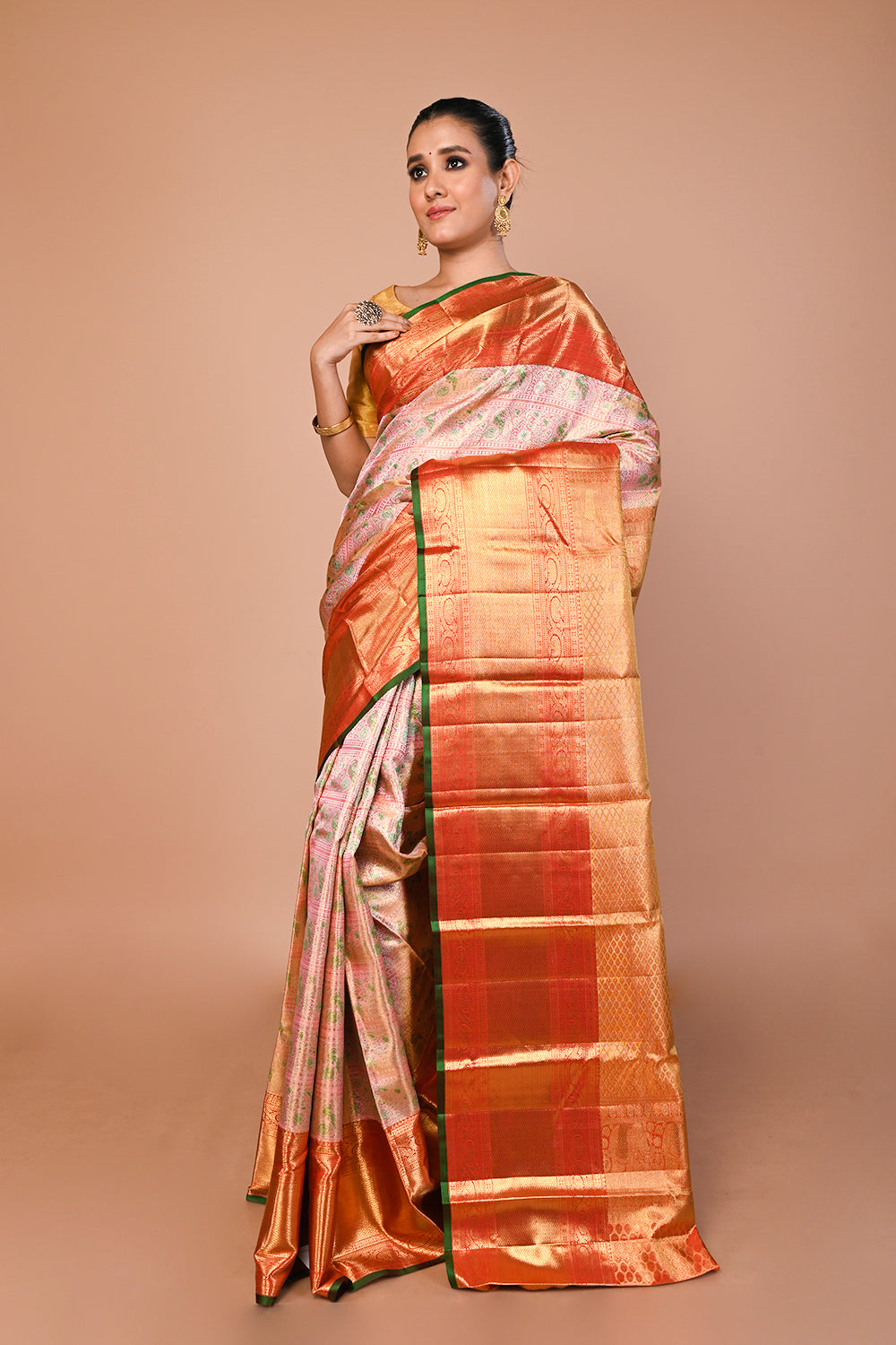 Kanchipuram Silk Tissue Brocade Baby Pink Saree