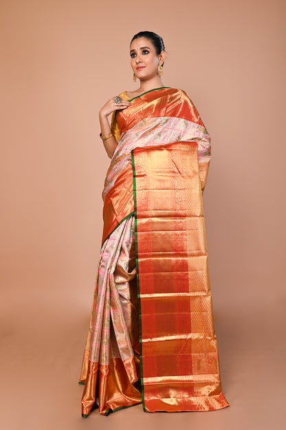 Kanchipuram Silk Tissue Brocade Baby Pink Saree