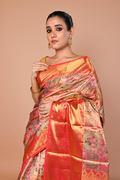 Kanchipuram Silk Tissue Brocade Multicolour Saree