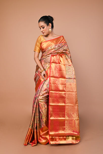 Kanchipuram Silk Tissue Brocade Multicolour Saree