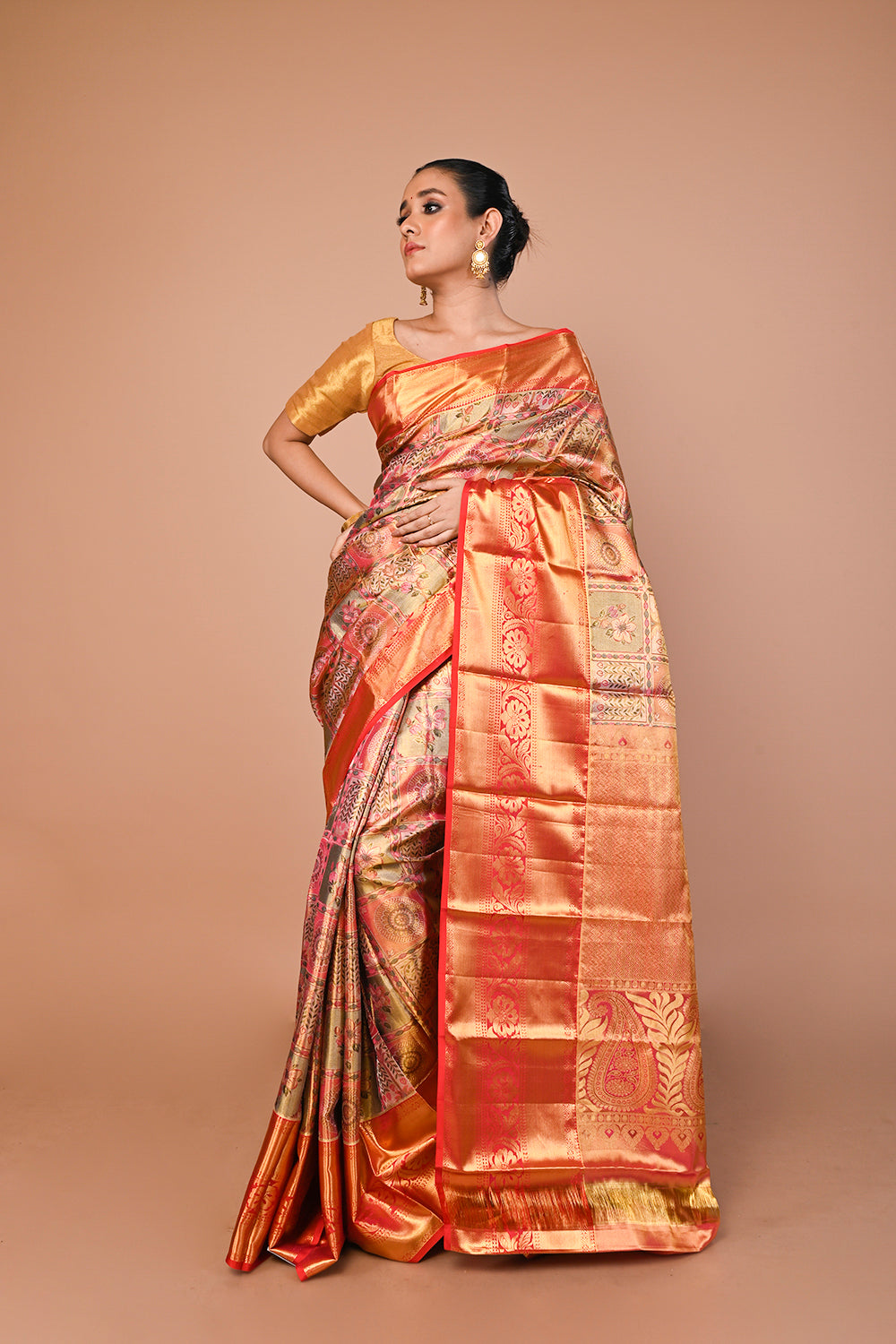 Kanchipuram Silk Tissue Brocade Multicolour Saree