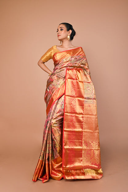 Kanchipuram Silk Tissue Brocade Multicolour Saree