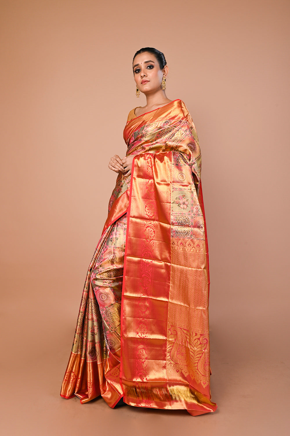 Kanchipuram Silk Tissue Brocade Multicolour Saree
