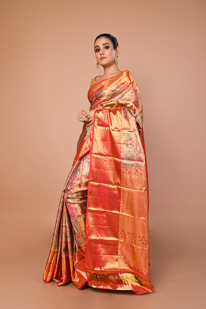 Kanchipuram Silk Tissue Brocade Multicolour Saree
