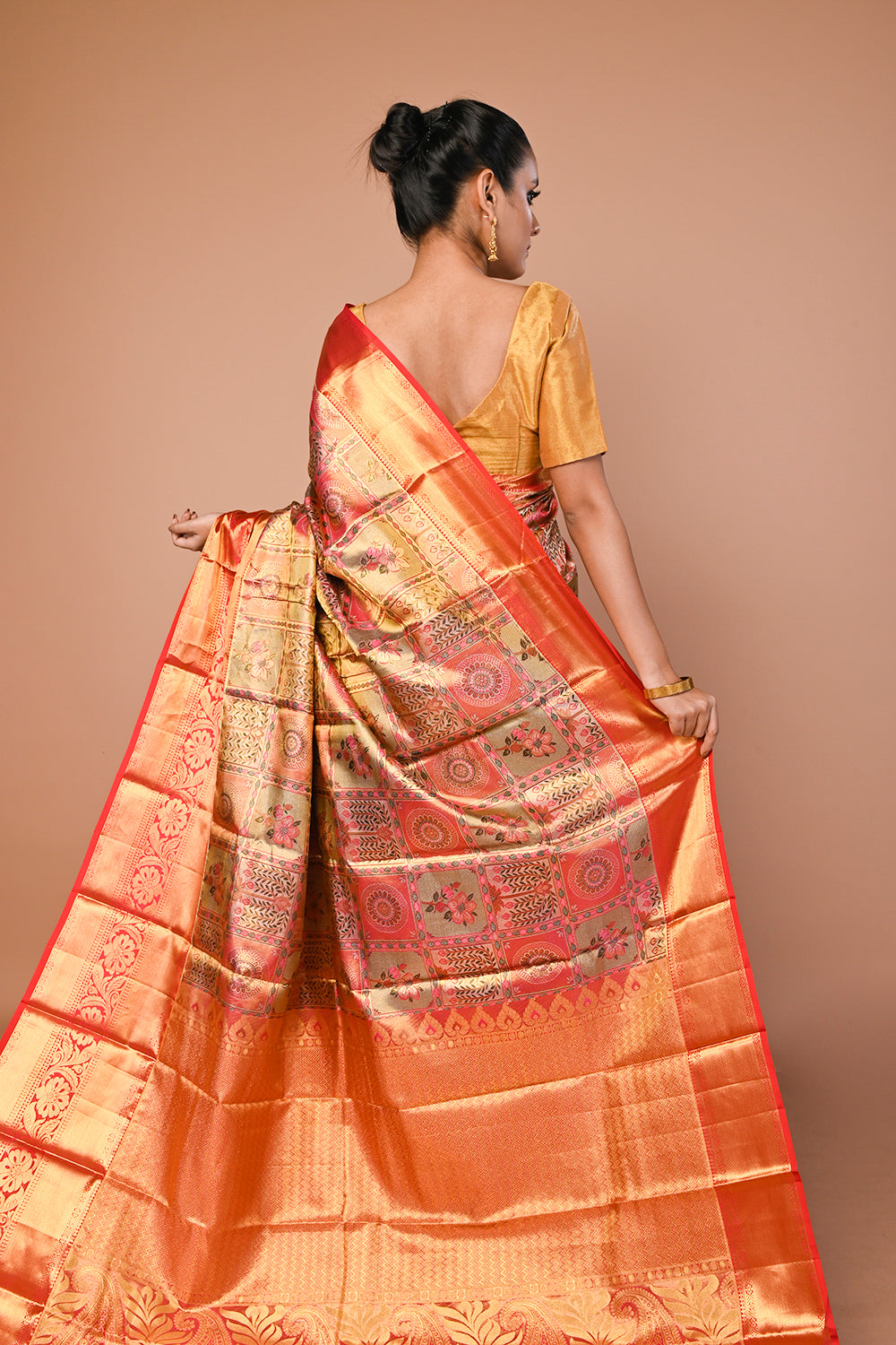 Kanchipuram Silk Tissue Brocade Multicolour Saree