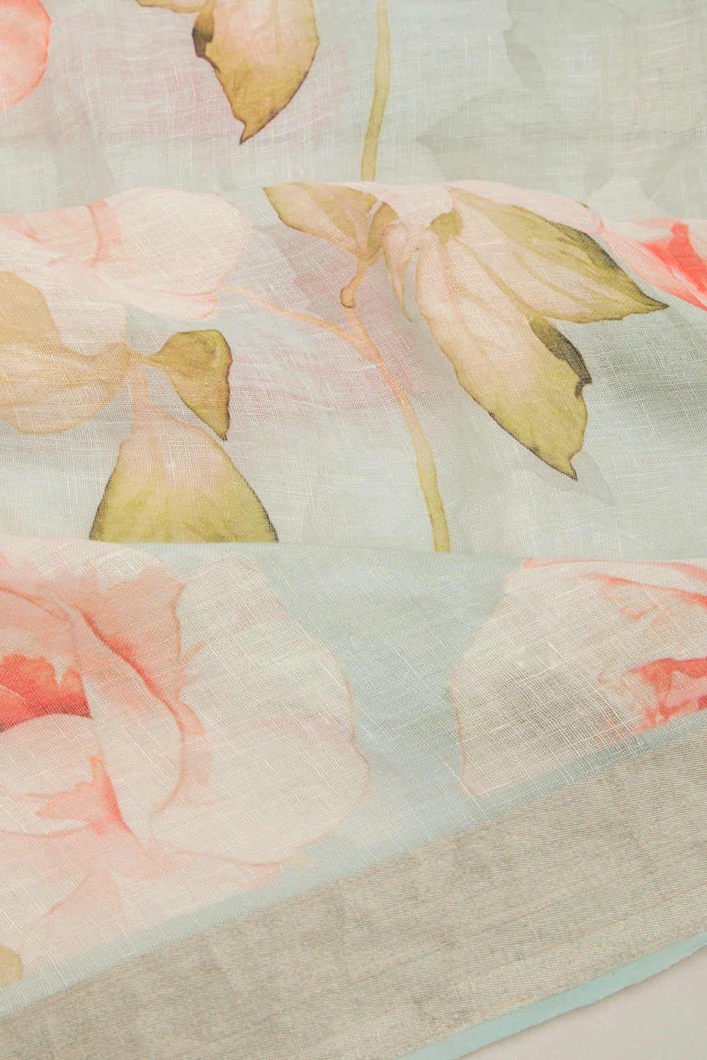 Linen Floral Printed Pastel Blue Saree