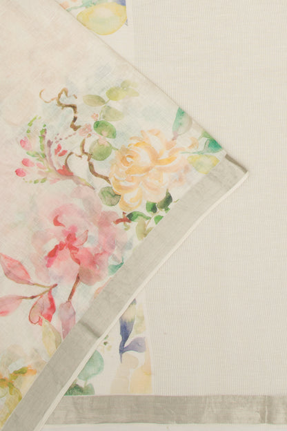 Linen Floral Printed White Saree