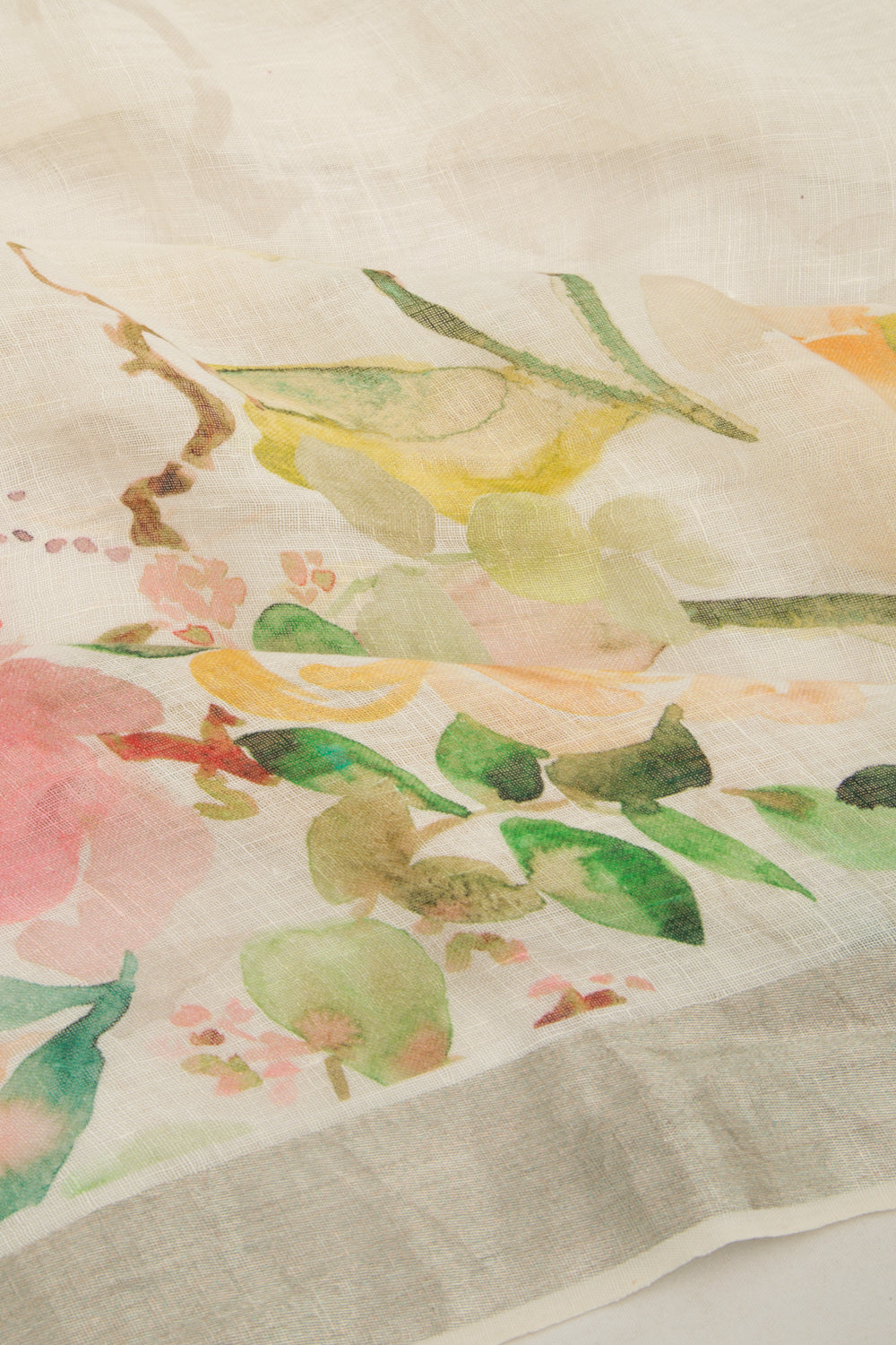 Linen Floral Printed White Saree
