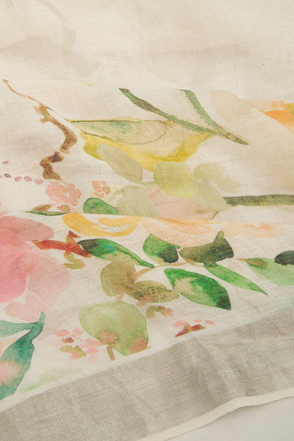 Linen Floral Printed White Saree