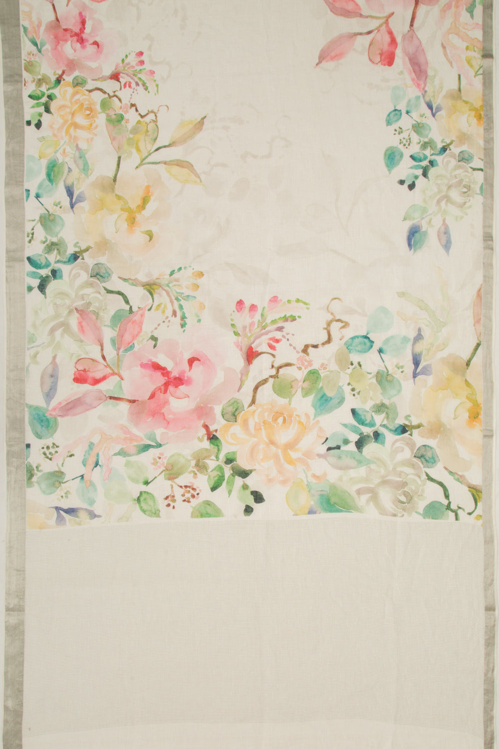 Linen Floral Printed White Saree