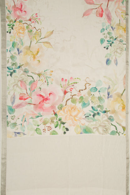 Linen Floral Printed White Saree