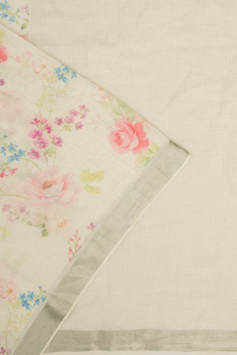 Linen Floral Printed White Saree