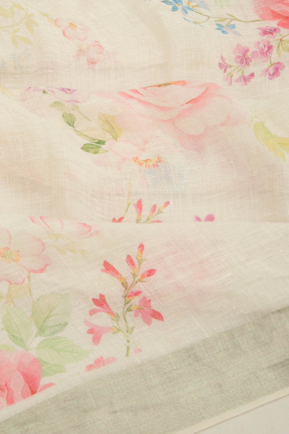 Linen Floral Printed White Saree