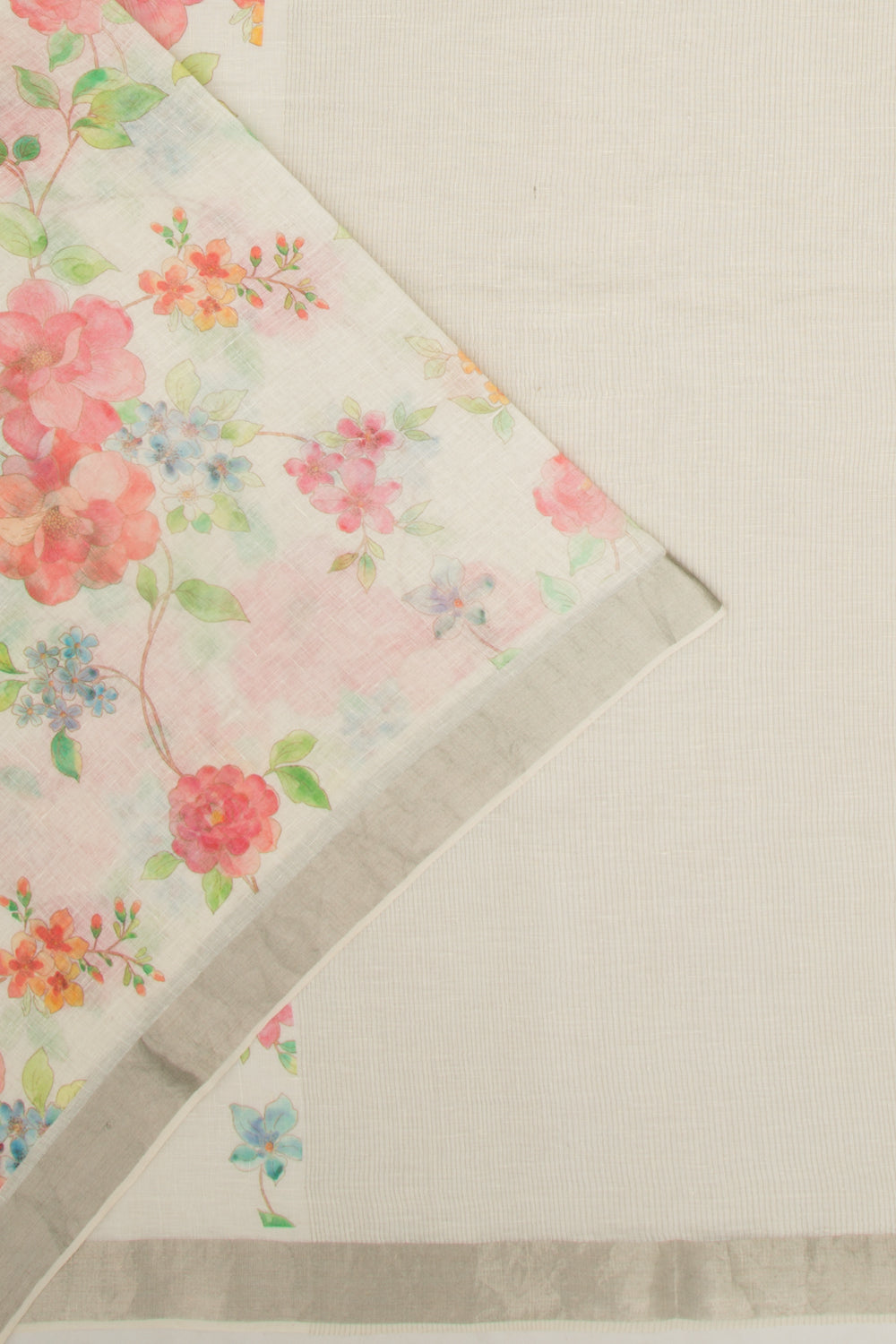 Linen Floral Printed White Saree