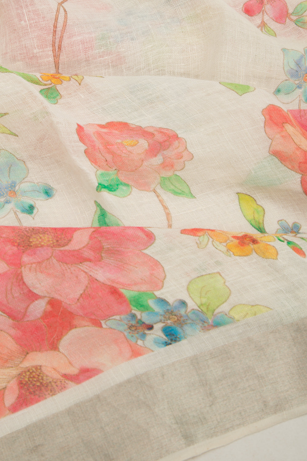 Linen Floral Printed White Saree