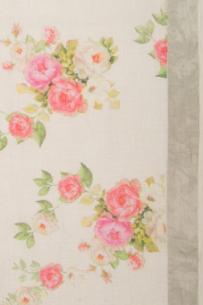 Linen Floral Printed White Saree