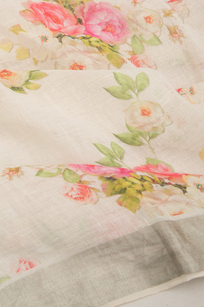 Linen Floral Printed White Saree