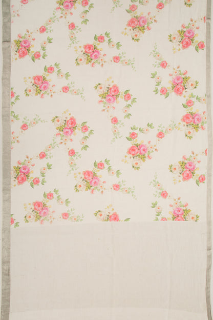 Linen Floral Printed White Saree
