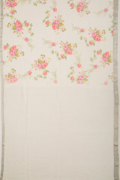 Linen Floral Printed White Saree