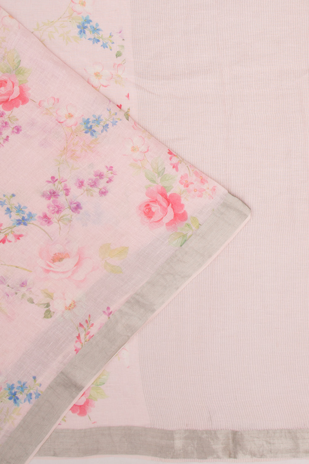 Linen Floral Printed Baby Pink Saree