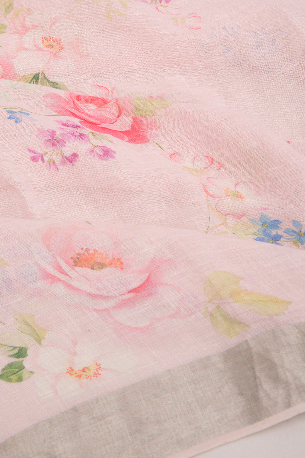 Linen Floral Printed Baby Pink Saree