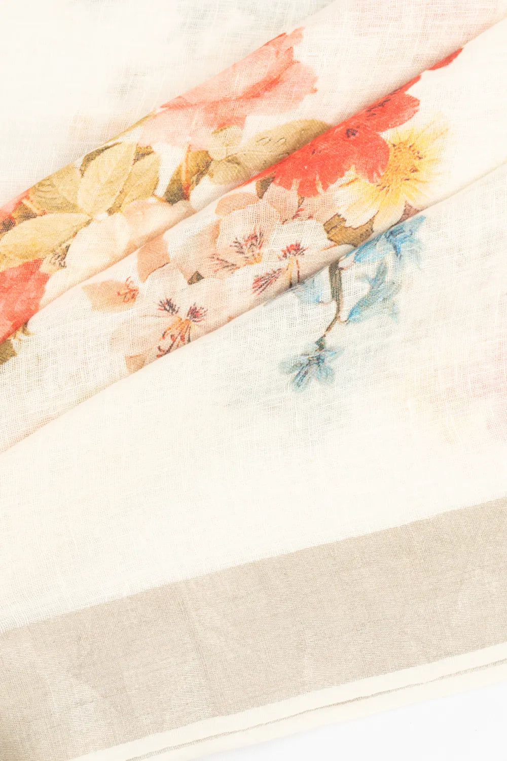 Linen Floral Printed White Saree
