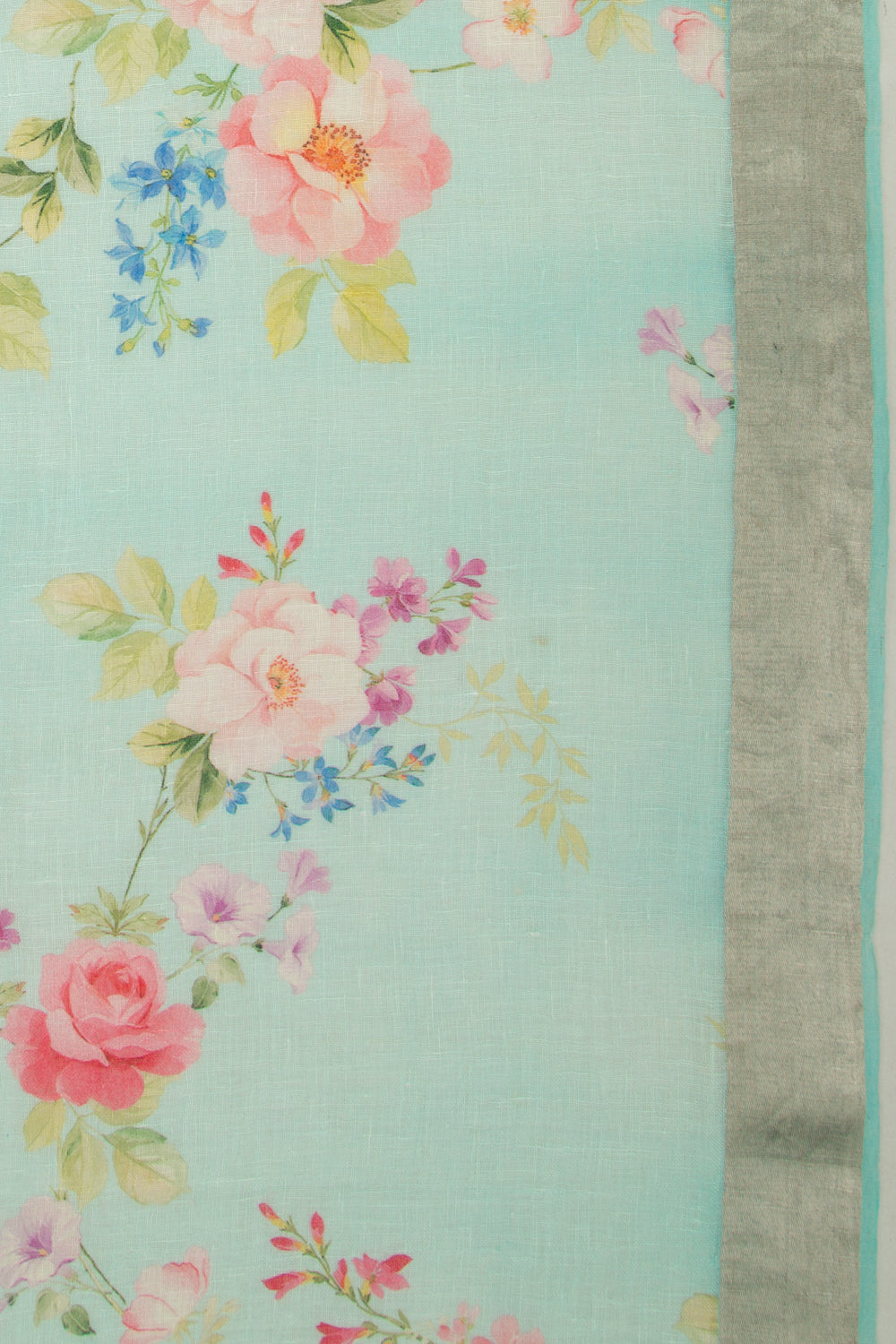 Linen Floral Printed Sky Blue Saree