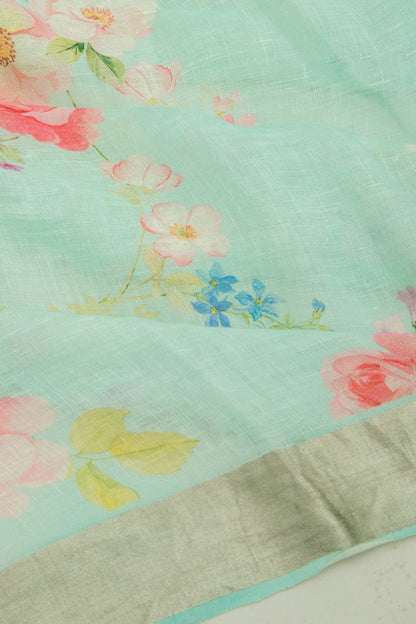 Linen Floral Printed Sky Blue Saree