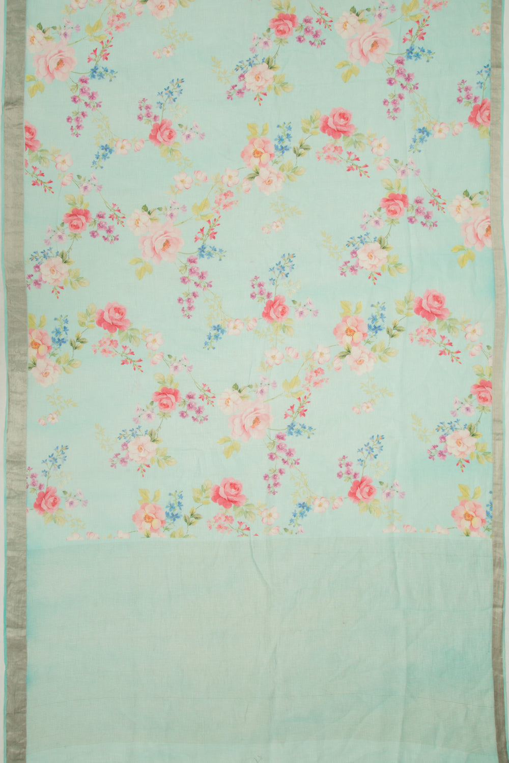 Linen Floral Printed Sky Blue Saree
