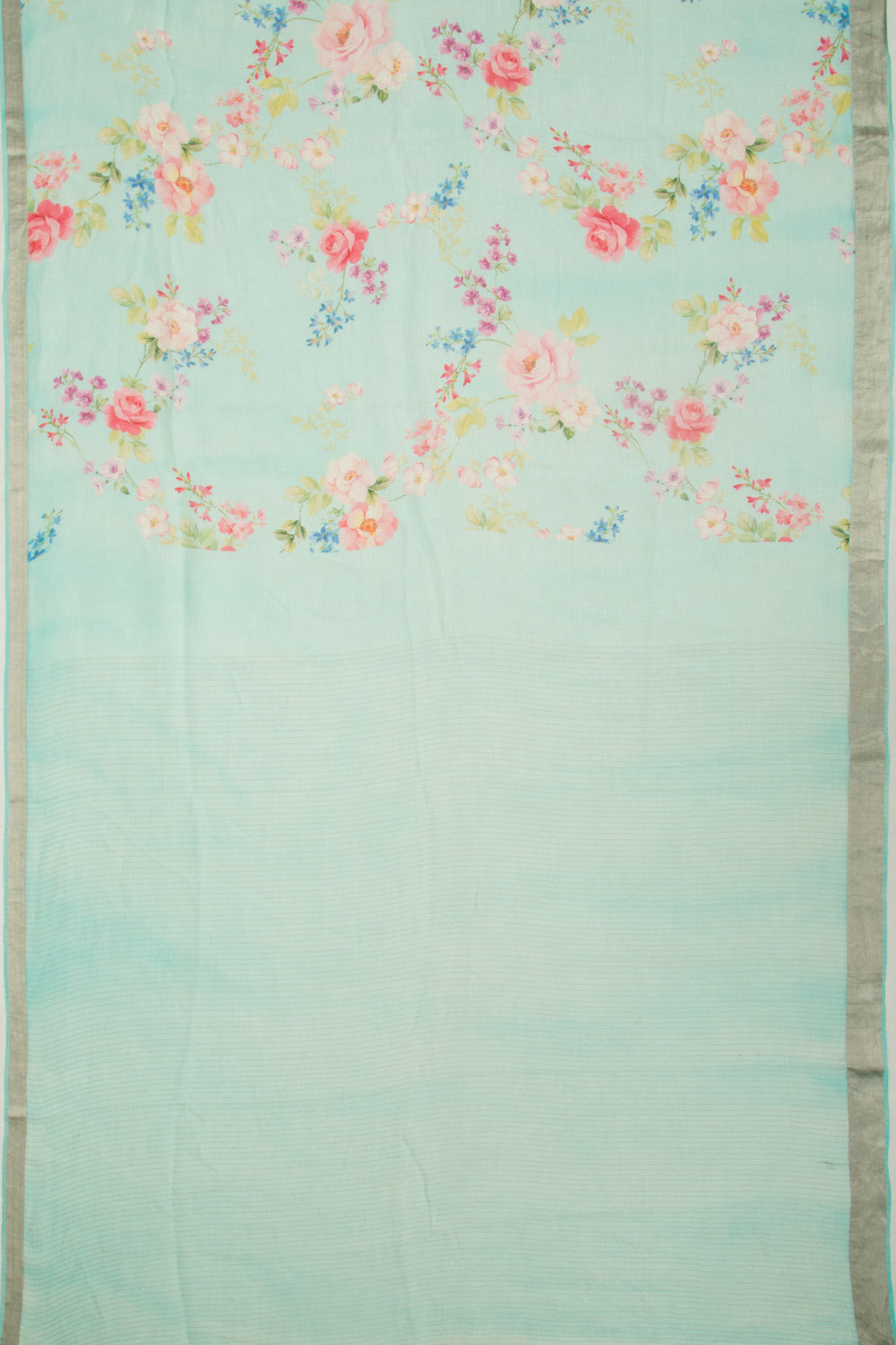Linen Floral Printed Sky Blue Saree