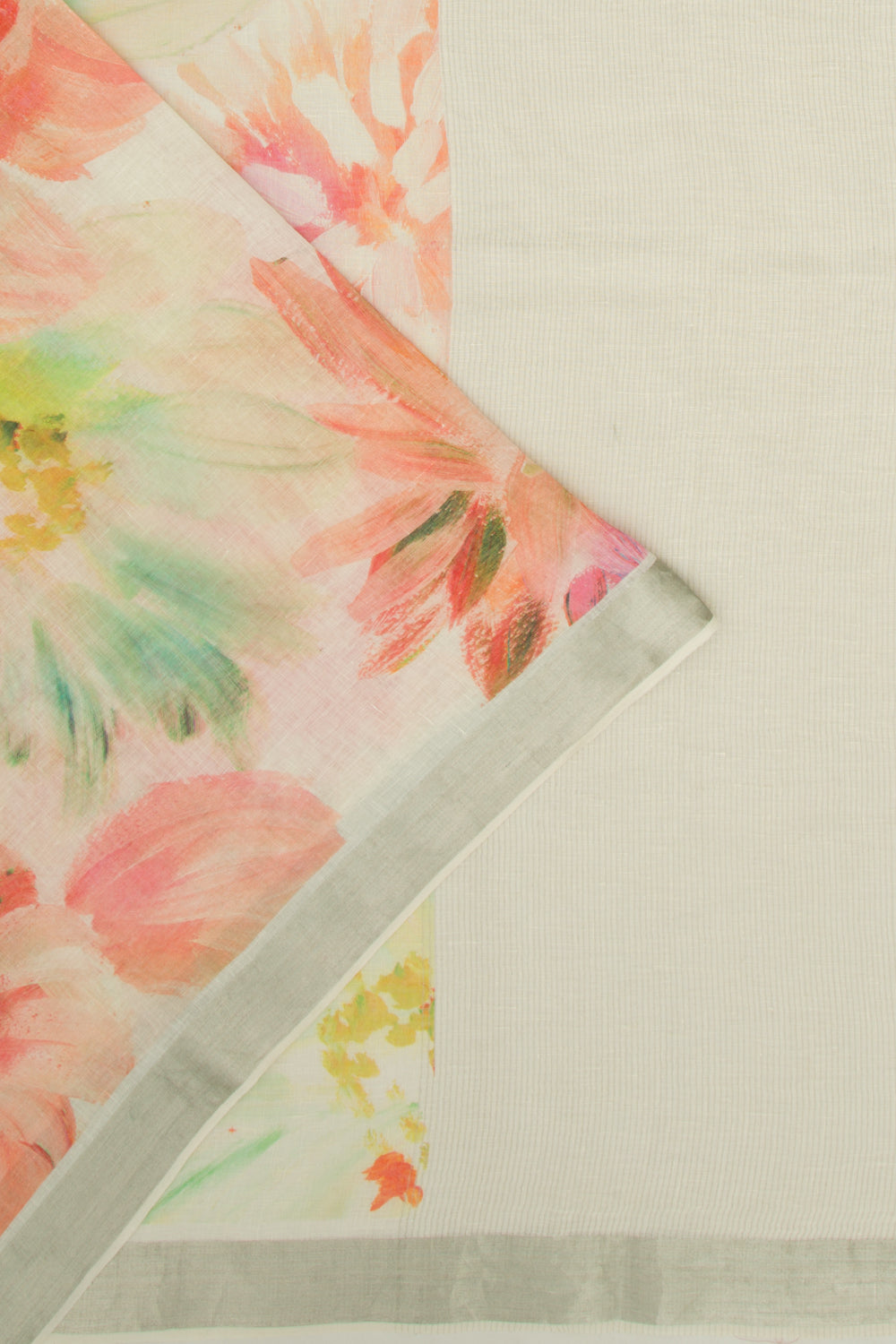 Linen Floral Printed White Saree