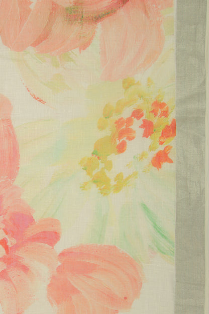 Linen Floral Printed White Saree