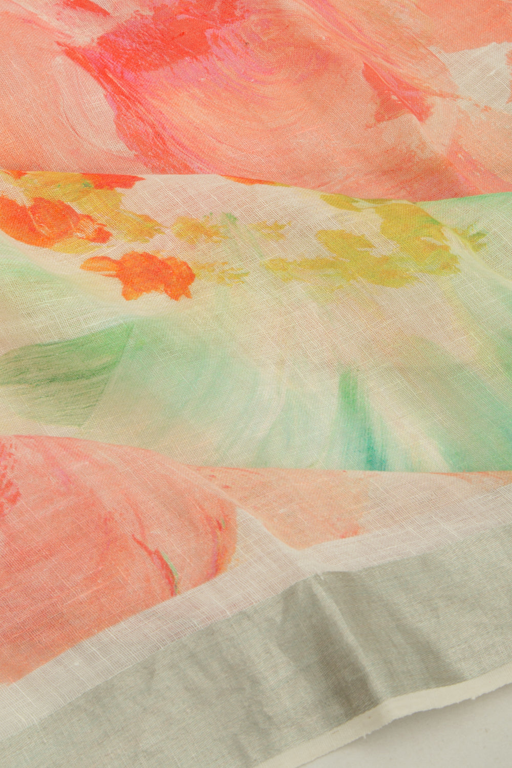 Linen Floral Printed White Saree
