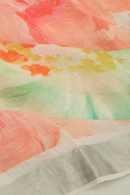 Linen Floral Printed White Saree