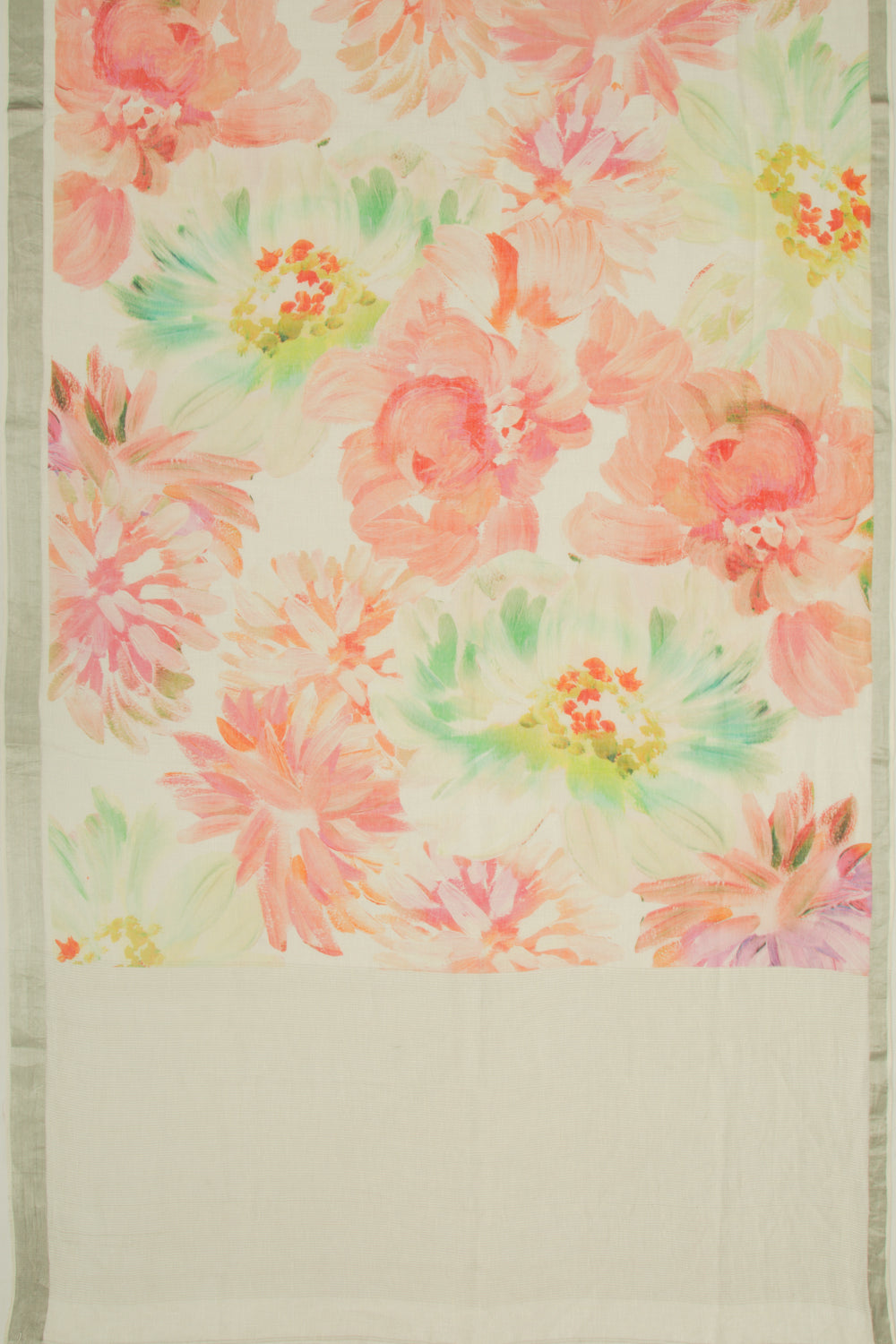Linen Floral Printed White Saree