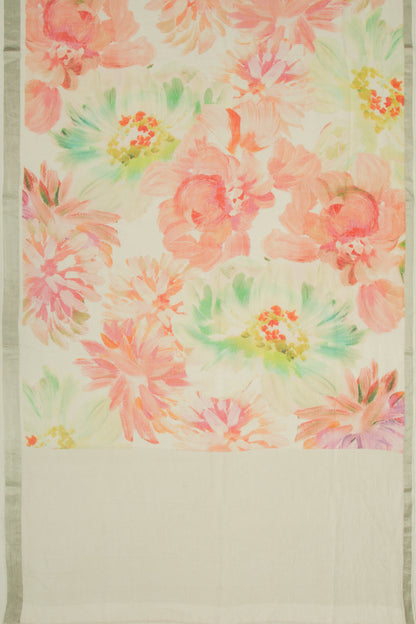 Linen Floral Printed White Saree