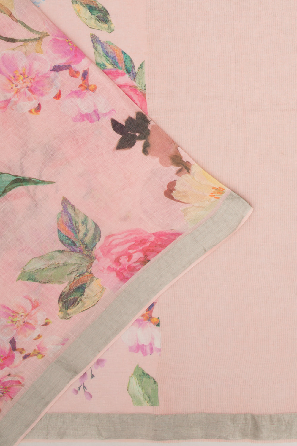 Linen Floral Printed Baby Pink Saree