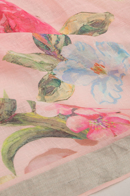 Linen Floral Printed Baby Pink Saree