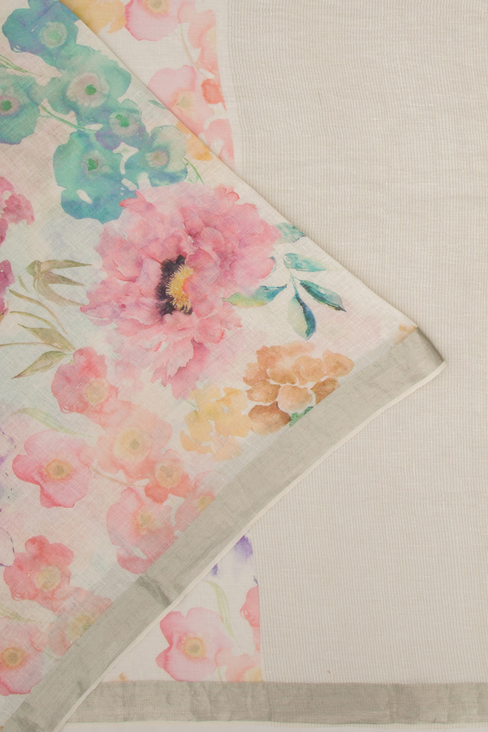 Linen Floral Printed White Saree