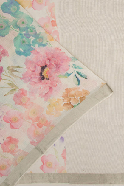 Linen Floral Printed White Saree