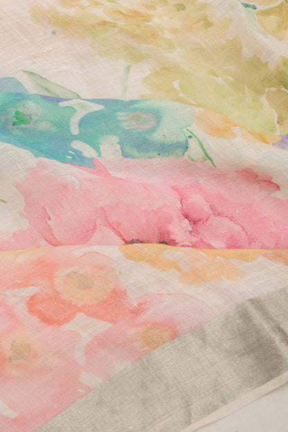 Linen Floral Printed White Saree