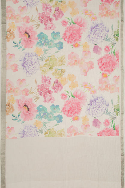 Linen Floral Printed White Saree