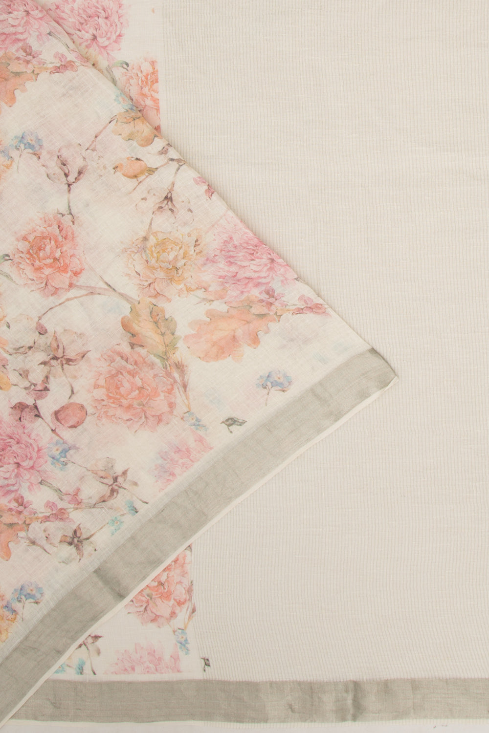 Linen Floral Printed White Saree