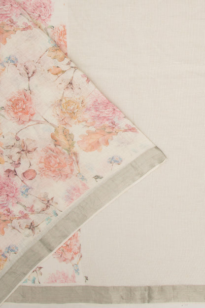 Linen Floral Printed White Saree