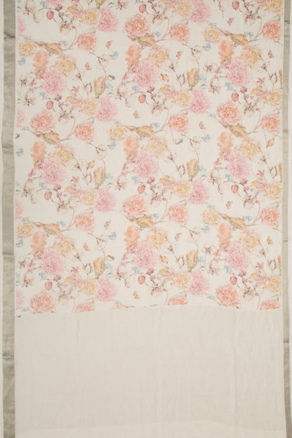 Linen Floral Printed White Saree
